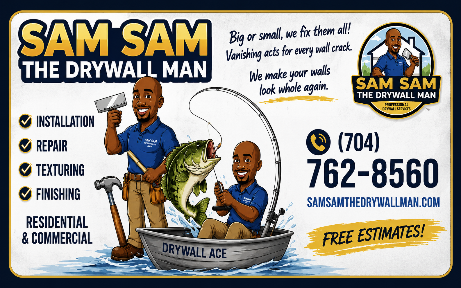 Sam Sam The Drywall Man business card with services and phone number